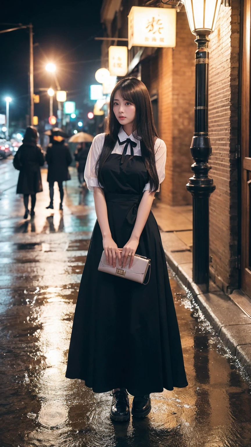 1 Girl,独自of,Long hair,Long skirt,湿of头发,黑暗of,Polaroid,(depth_of_site:1.5),rain,outdoor,street,,Mood lighting,Tyndall effect,light,night,lamp post,lens flare,Available light,Rim Light,发光of霓虹灯,Chinese_style,