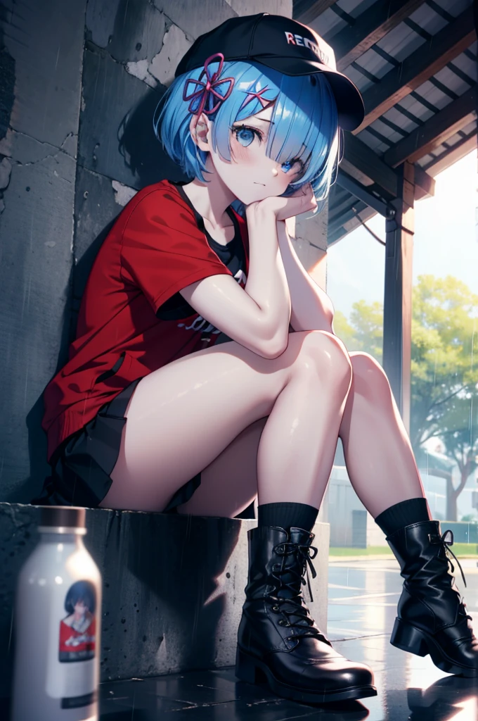 rezeroRem, Rem, blue eyes, Blue Hair, hair ornaments, Hair on one eye, hair ribbon, short hair, x hair ornaments,Baseball cap,Riders jacket　Open front,red v neck t shirt,mini skirt,Black knee socks,short boots,Sitting leaning against a wall,rain,Hiding under a roof,whole bodyがイラストに入るように,
break outdoors, Alley,
break looking at viewer, whole body,
break (masterpiece:1.2), Highest quality, High resolution, unity 8k wallpaper, (figure:0.8), (Beautiful attention to detail:1.6), extRemely detailed face, Perfect lighting, extRemely detailed CG, (Perfect hands, Perfect Anatomy),