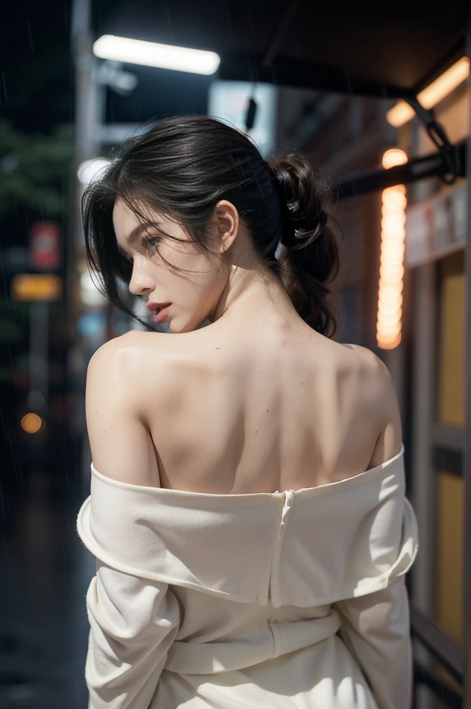 (((best quality))),(((ultra detailed))),(((masterpiece))),illustration,1girl, young,solo, slim,thin,short ponytail,((bare back,towering hips,butt crack)),((shoulder off,bare shoulder)),white collared shirt,shorts,standing,rainy night, heavy rain, drenched clothes, melancholy expression, solitude, tear rolling down cheek, wet hair, empty streets, dimly lit, deserted environment, sound of rain, footsteps, symbol of hope, abandoned, resilience, determination, walking in rain, heartbreak, loss, love fading, loneliness, body language, facial expression, dreary atmosphere, rain-soaked streets, somber mood, viewer engagement,((upper body,from back)),urban scape