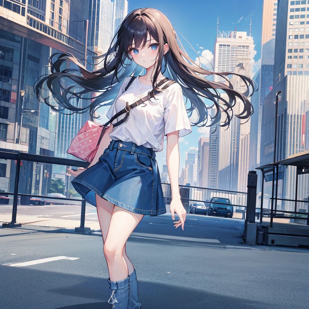 8K high quality,1 pretty girl,Short sleeve,Denim skirt,The background is the city at noon.