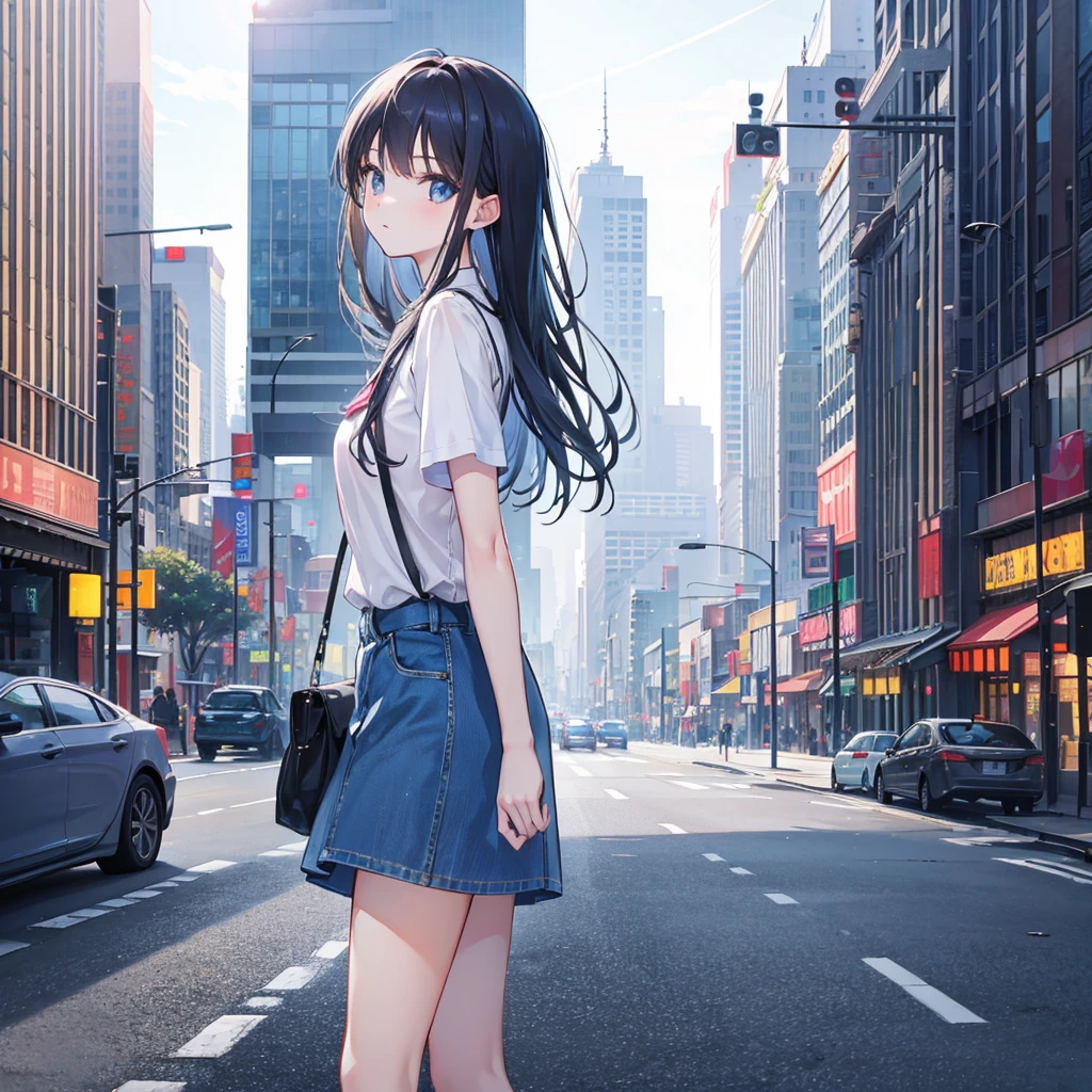 8K high quality,1 pretty girl,Short sleeve,Denim skirt,The background is the city at noon.