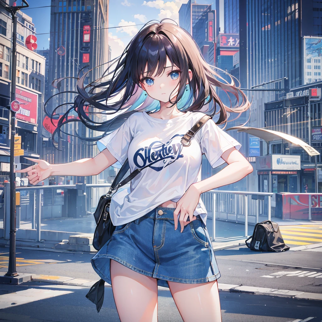 8K high quality,1 pretty girl,Short sleeve,Denim skirt,The background is the city at noon.