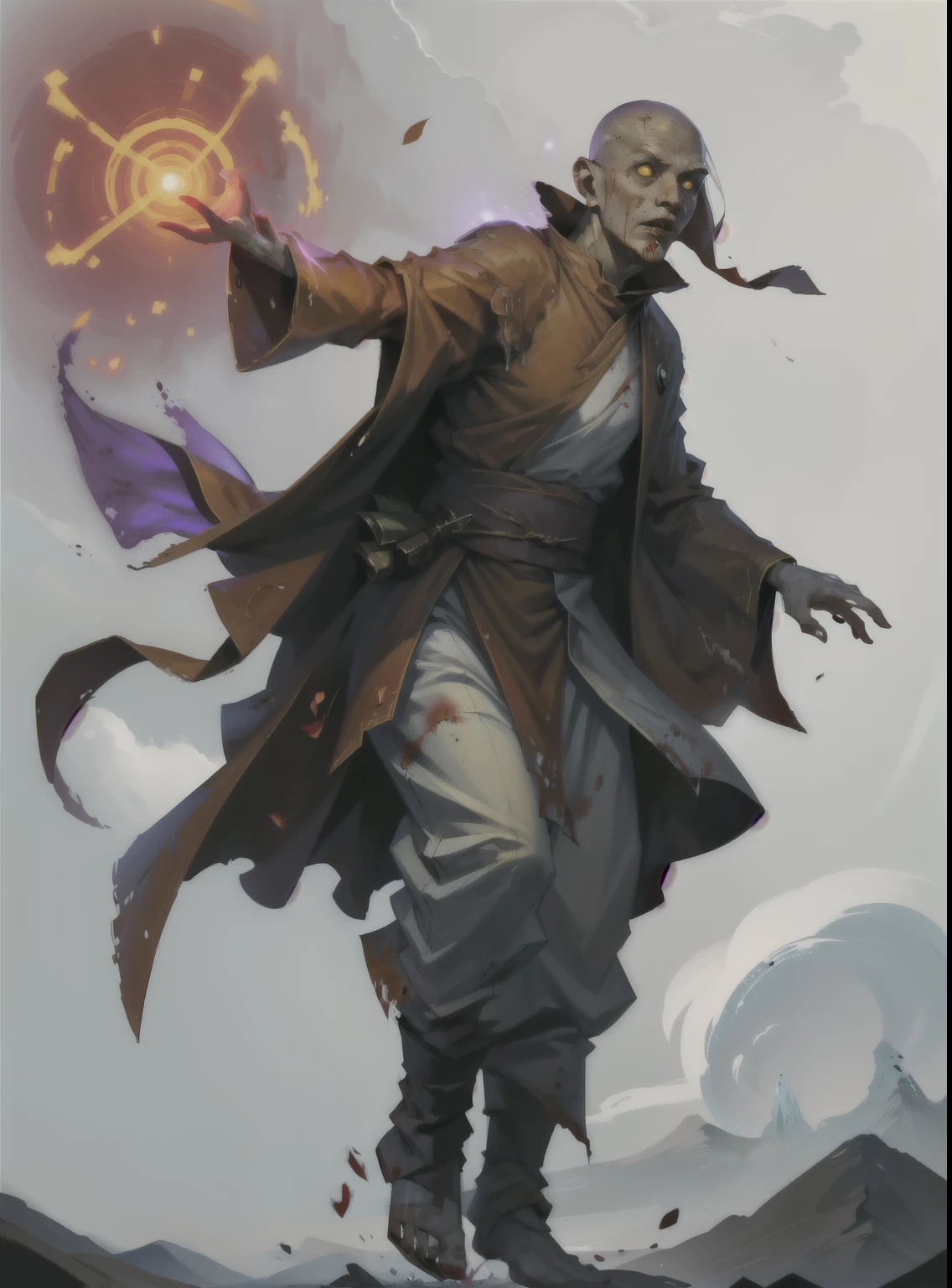 I want a character with a white background, png,Full body image, a blood mage, face all red and blood flying around him, while floating in the air, levitating, yellow monk clothes, and hair flying in the wind.
