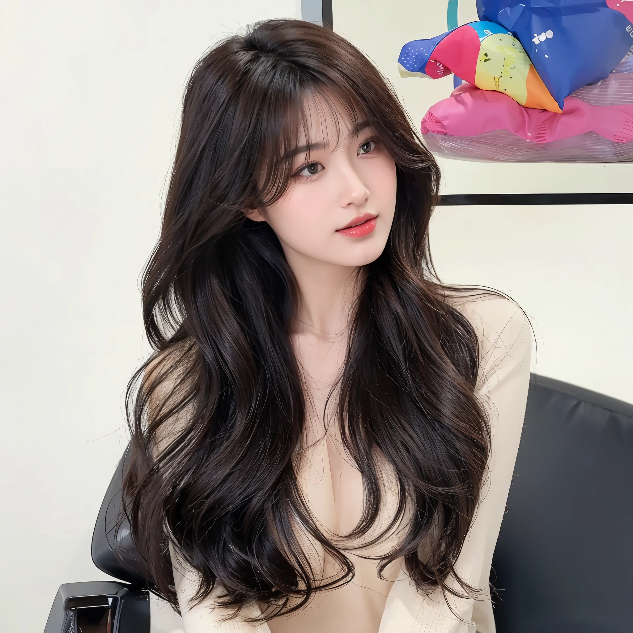 Long curly black brown hair,The background is simple and clean