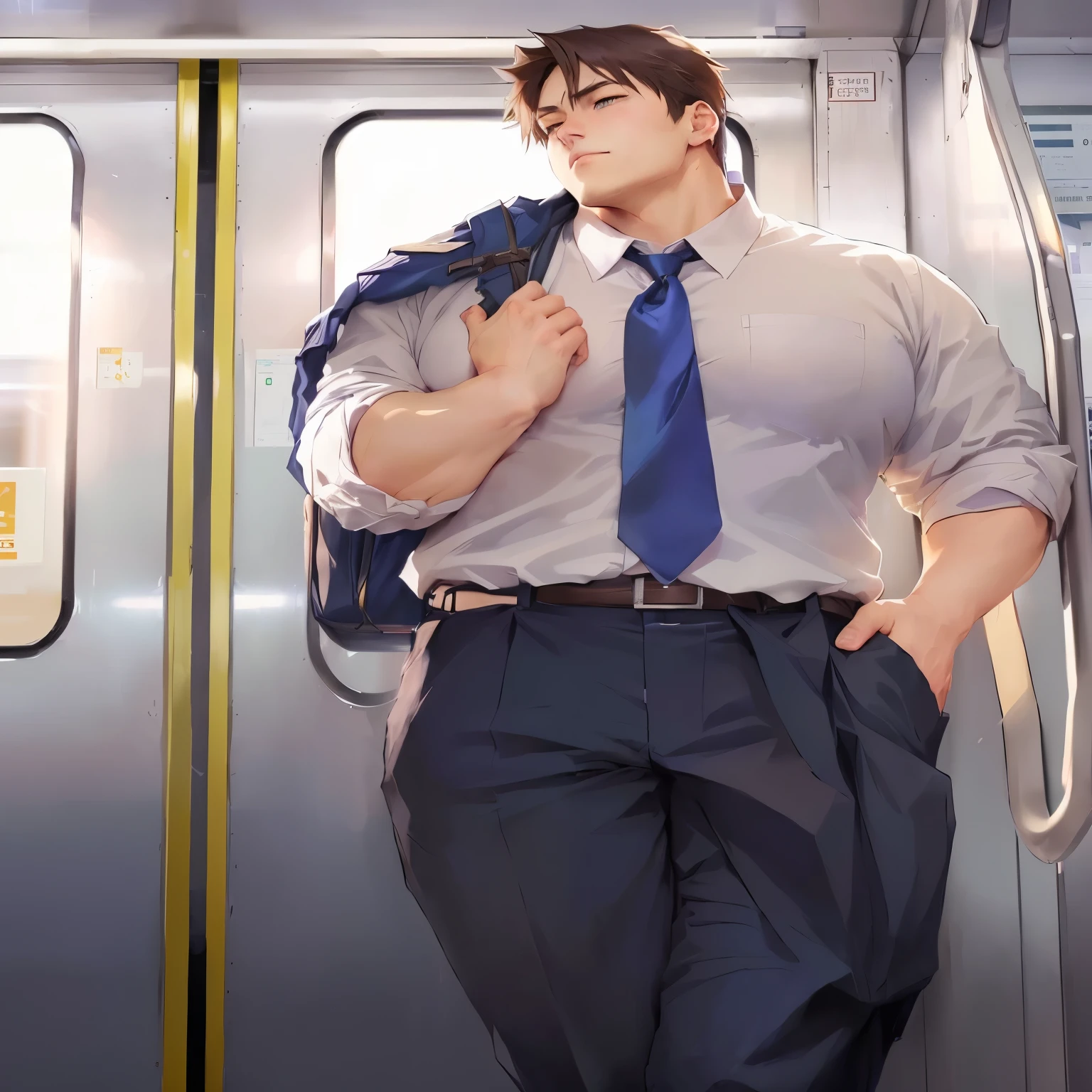 there is a man in a tie standing on a subway, (sfw) safe for work, tall anime guy with blue eyes, zerochan art, zerochan, at pixiv, anime moe artstyle, makoto shinkai style, made with anime painter studio, smooth anime cg art, by Shingei, thicc, handsome anime pose