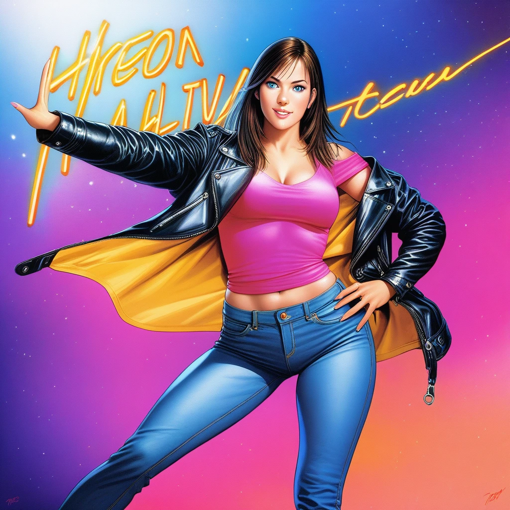 (best quality, 8k, masterpiece, highres, ultra-detailed), semi-realistic, illustration, woman, piercing blue eyes, mischievous smile, leather jacket, jeans, smoky nightclub, neon lights, hyperrealistic, cinematic lighting, dynamic pose, detailed, intricate, realistic anatomy, vibrant colors.