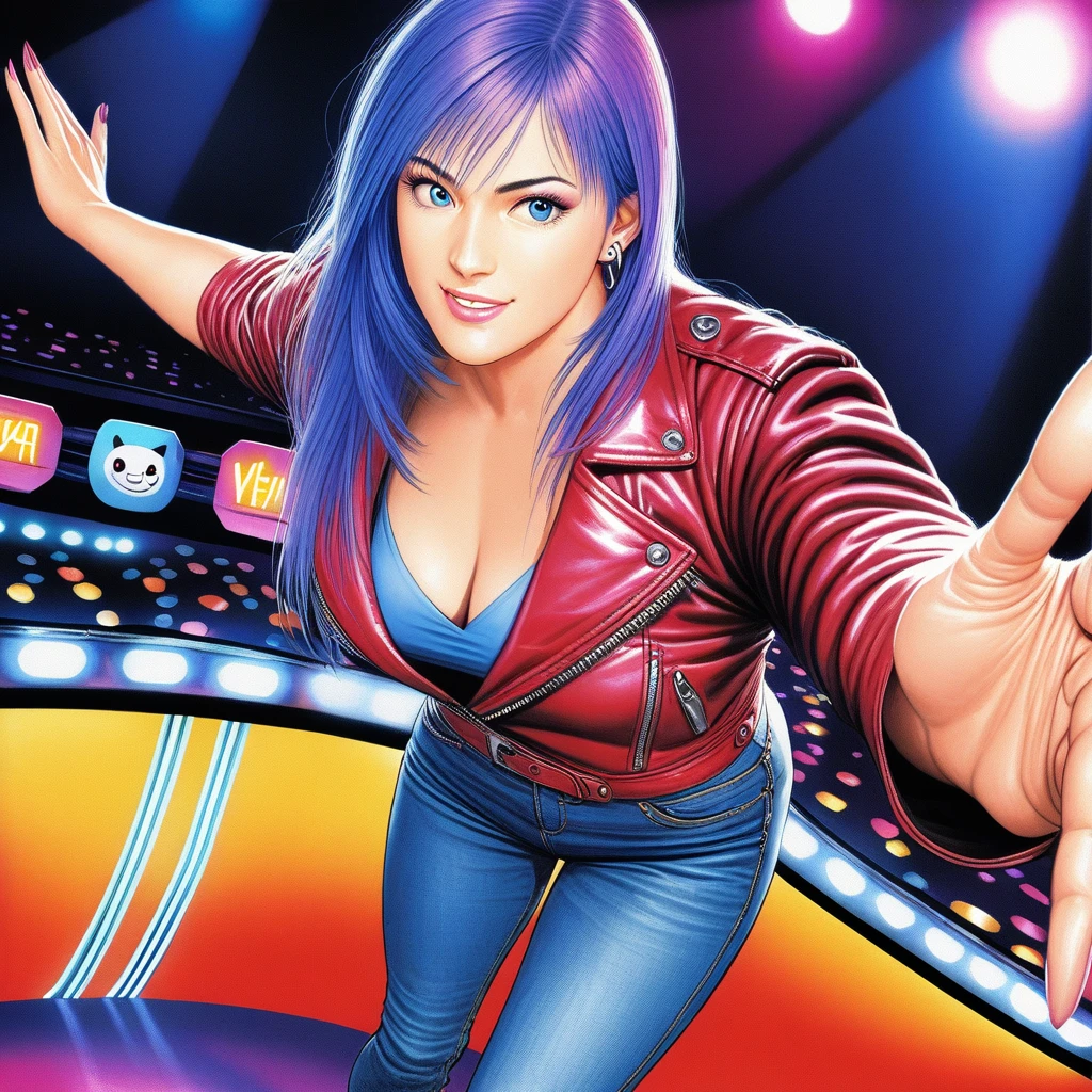 (best quality, 8k, masterpiece, highres, ultra-detailed), semi-realistic, illustration, woman, piercing blue eyes, mischievous smile, leather jacket, jeans, smoky nightclub, neon lights, hyperrealistic, cinematic lighting, dynamic pose, detailed, intricate, realistic anatomy, vibrant colors.