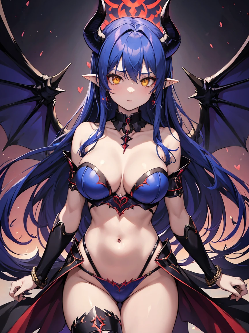 astaroth (shinrabanshou), demon tail, heart earrings, low wings, demon horns, demon girl, blue skin, black sclera, long hair, yellow eyes, large breasts, demon wings, blue hair, pointy ears, navel cutout, bridal gauntlets, detached collar, bracelet, choker, highleg, solo, cowboy shot,