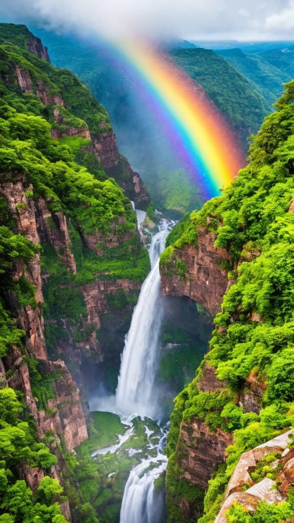 A vast waterfall, top-down view, rainbow arching over, stunning landscape, like a scene from a movie, 32K resolution, ultra-detailed, high-resolution, intricate details, photorealistic, breathtaking view