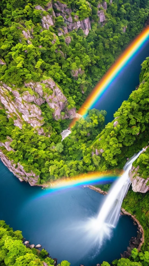 A vast waterfall, top-down view, rainbow arching over, stunning landscape, like a scene from a movie, 32K resolution, ultra-detailed, high-resolution, intricate details, photorealistic, breathtaking view