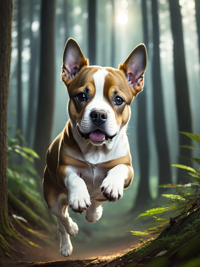 close up photo of a very cute jumping puppy in the forest, soft volumetric lights, (backlit:1.3), (cinematic:1.2), intricate details, (ArtStation:1.3), pitbull