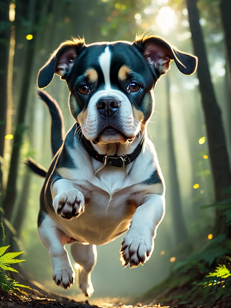 close up photo of a very cute jumping puppy in the forest, soft volumetric lights, (backlit:1.3), (cinematic:1.2), intricate details, (ArtStation:1.3), pitbull