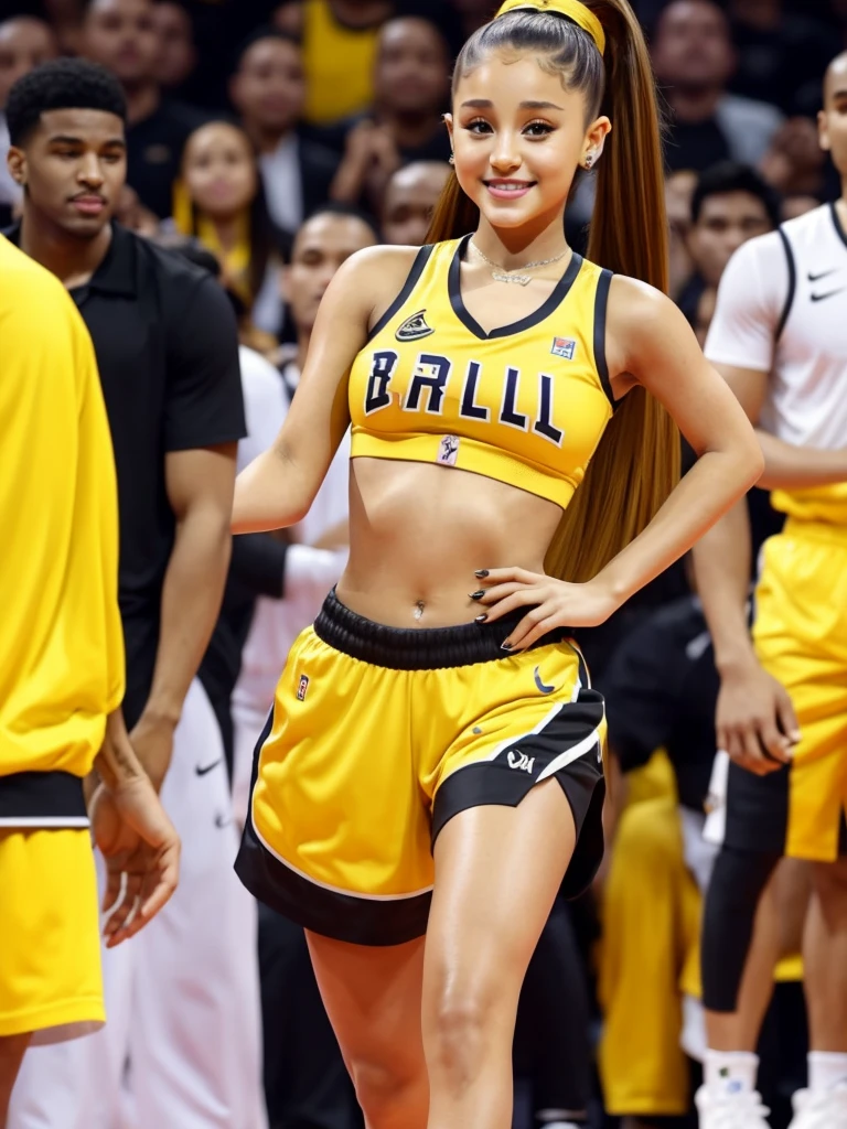 ariana grande, beautiful, smiling, Basketball, Wear a 2-piece bra, quần short cực ngắn , yellow clothes