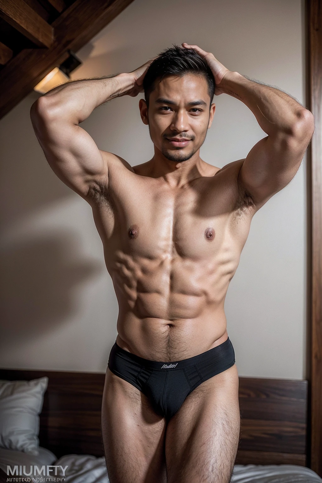 Cambodian Man，40 years old，Thin pectoral and abdominal muscles，Short Hair Hair，handsome，Beautiful and handsome eyebrows, Wearing sexy lingerie, Big penis bulges in underwear, Armpit hair, Pubic hair and abdomen, full body image, running,(Best quality, 8k, Masterpiece).,Smiling face, good mood.highest detail, superior quality, natural lighting, beautiful, sexy, correct anatomy, good composition,realistic shapes, realistic skin tones,Natural eyes,realistic eyes,looking up at viewer,vpl,realistic muscles,Realistic wrinkles on the skin,Realistic arms and legs,Realistic face,realistic hair,Make a sexy and seductive face, man focus,amazing composition, front view, HDR, volumetric lighting, ultra quality, elegant,Post a erotic photoshoot,Realistic pose,detailed hair,full body,Fujifilm XT3 photorealistic art by midjourney