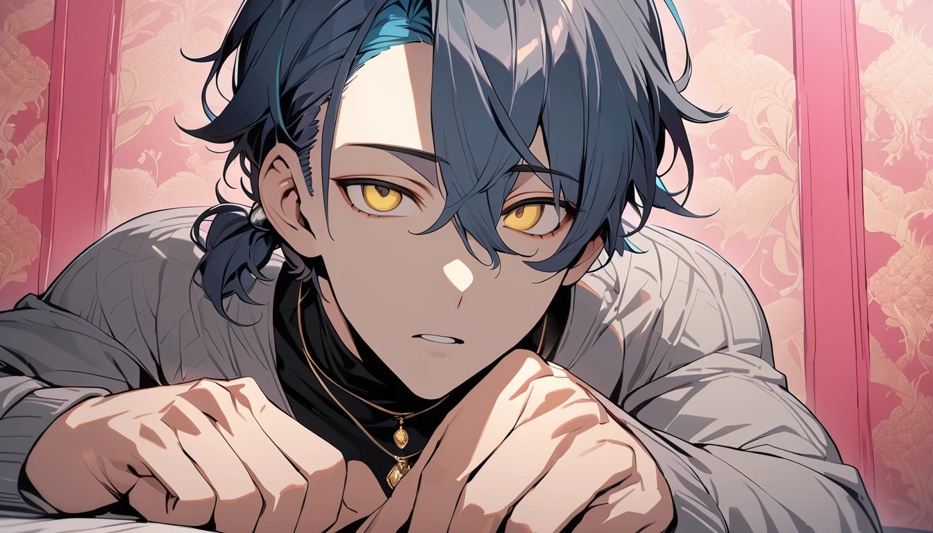 ((((best masterpiece, best quality, wallpaper,)))) solo, guy, male body, small muscles, flat chest, 1male, 30 years old, handsome man, dramatic angle, upper body, looking at viewers, beautiful detailed, Expressionless, lying down, mediumturquoise hair, ((((Lower short ponytail)))), asymmetrical bangs, ((short hair,)) (((  gold eyes, ^o^, tareme, droopy eyes,))) (((perfect face, extremely detailed eyes,))) perfect hands, sharp nose, clear face, black turtleneck, grey cardigan, ((silver piercing, pendant,)) leggings, pink background color ultrasharp, 8K, masterpiece,