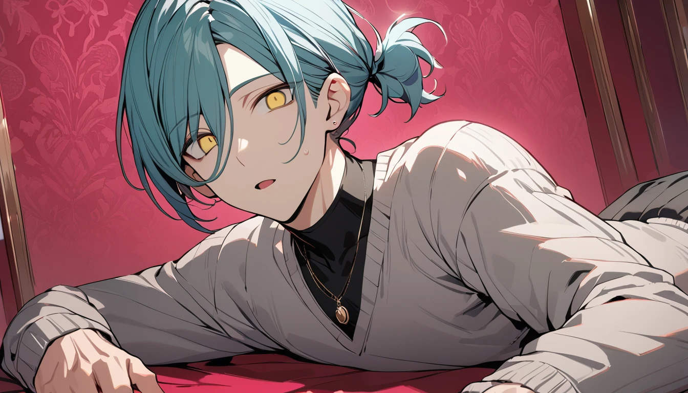 ((((best masterpiece, best quality, wallpaper,)))) solo, guy, male body, small muscles, flat chest, 1male, 30 years old, handsome man, dramatic angle, upper body, looking at viewers, beautiful detailed, Expressionless, lying down, mediumturquoise hair, ((((Lower short ponytail)))), asymmetrical bangs, ((short hair,)) ((( gold eyes, ^o^, tareme, droopy eyes,))) (((perfect face, extremely detailed eyes,))) perfect hands, sharp nose, clear face, black turtleneck, grey cardigan, ((silver piercing, pendant,)) leggings, pink background color ultrasharp, 8K, masterpiece,