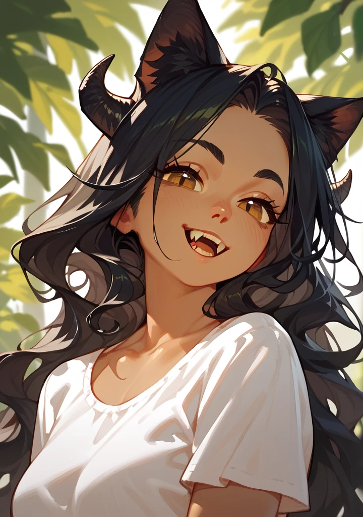 Half body, A beautiful woman, long wavy black hair, brown eyes, casual clothing, cat ears and tail, fangs, horns 