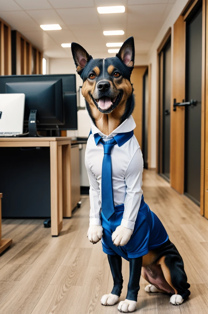 Animated dog on two legs with work suit 