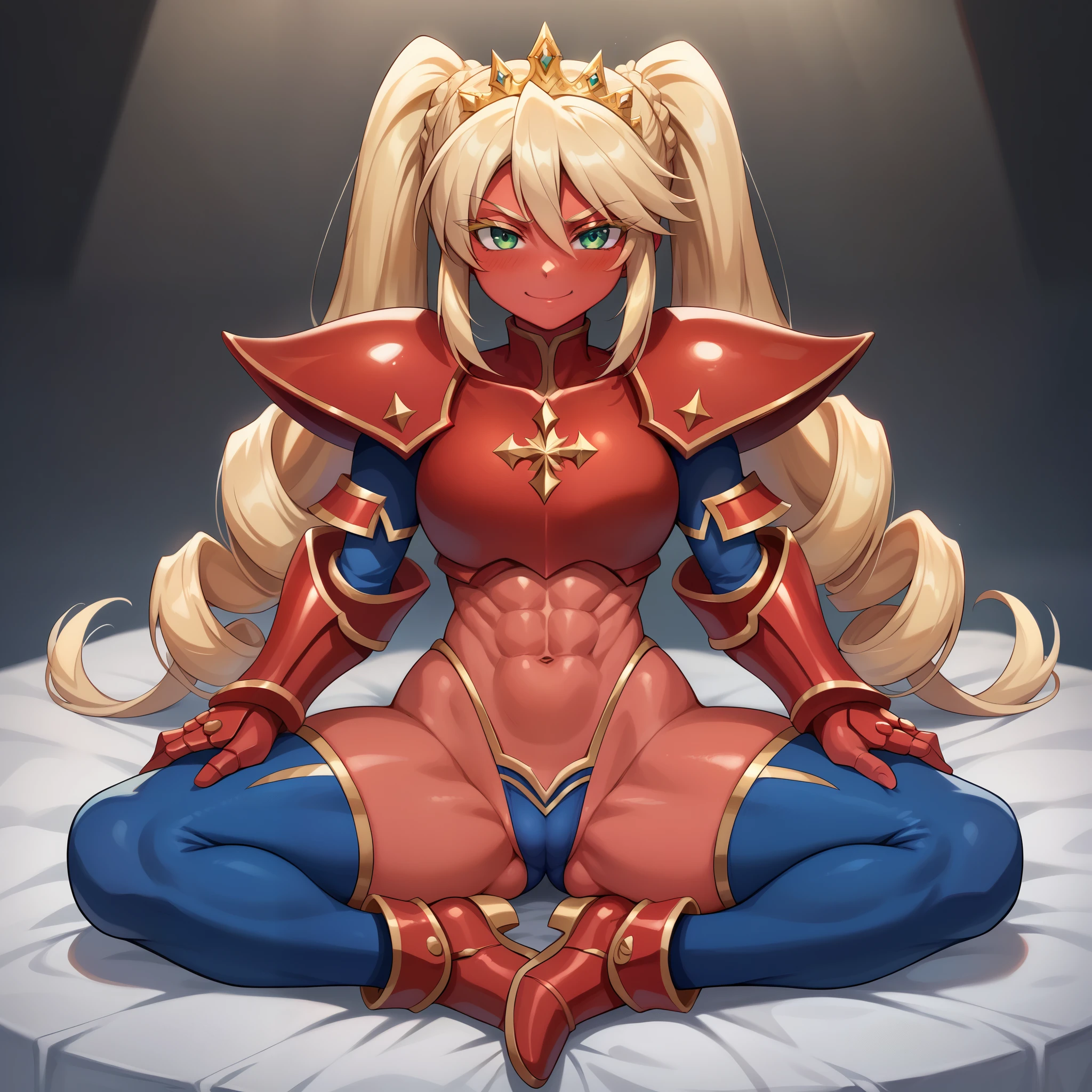 Lancer Artoria body (Alexis Texas Face), elegant adult female, blonde, green eyes (yellow eyelashes) crown, turtleneck, full body sitting on a bench, showing ass to me, RED breastplate, RED skin (1SologirlRED skin:1.2), looking at viewer, shiny, armor, thigh highs, high boots, pauldrons shoulder armor, faulds, poleyn, RED gloves gauntlets, rerebrace, RED military armored boots, yordle muscular lean platinum blonde long twin tails hairstyle at the bedroom lustful smirking smile face red blushed, blush, strong abs, female body builder, tiara, twin drills hair, (masterpiece, best quality, ultra detailed, best shadow)