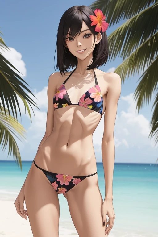 A young woman with an ectomorph body type, characterized by a slim, lean build with narrow shoulders and a flat chest. She has a delicate bone structure and a low body fat percentage. She is wearing a floral-patterned bikini, smiling with confidence, and has a relaxed posture."