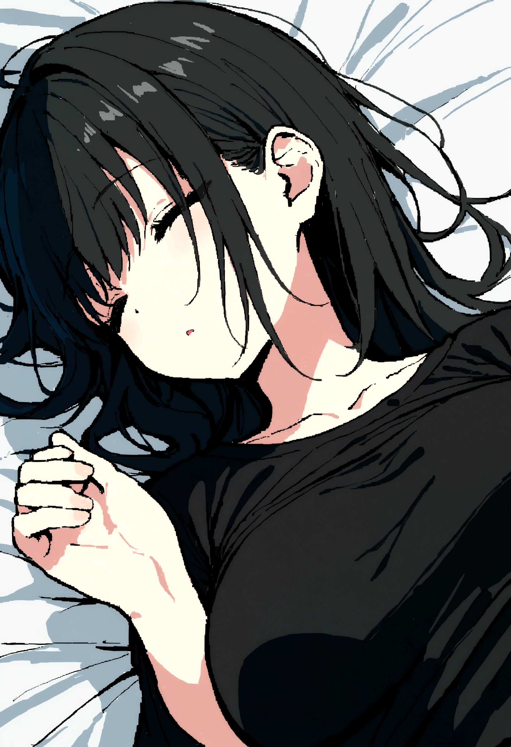 masterpiece, best quality, 1girl oekakizuki, on back, black shirt, sleeping, attractive, cute, a single streaming tear