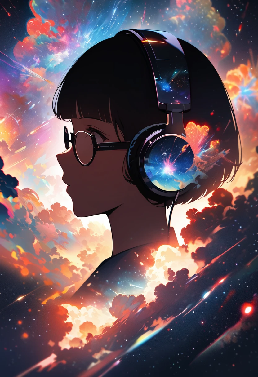 silhouette of a woman in profile.(super very short hair:1.3), blunt bangs, (((underrim glasses:1.3))), (headphones:1.3), Inside the silhouette you can see the double exposure with a deep space, universe, supernova explosion, masterpiece, ((double exposure)), proportional.,DOUBLE EXPOSURE