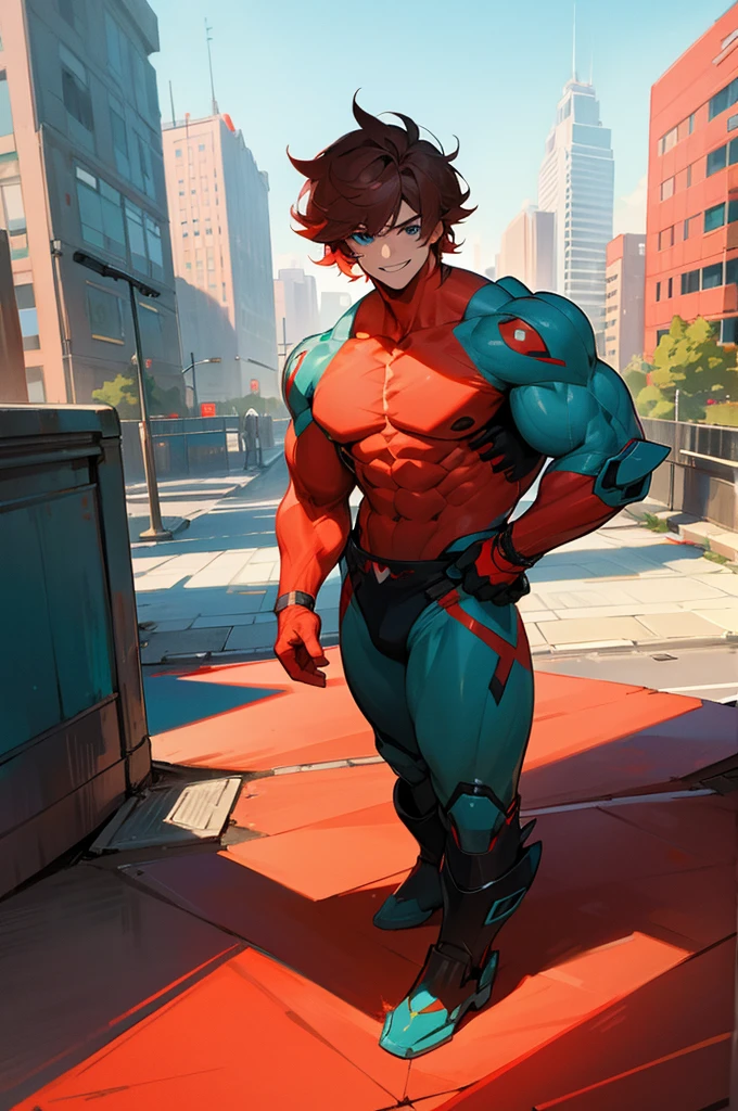 1male , red , teal blue Eyes , , messy hair, Standing on sidewalk , Modern city background , muscular , smiling expression