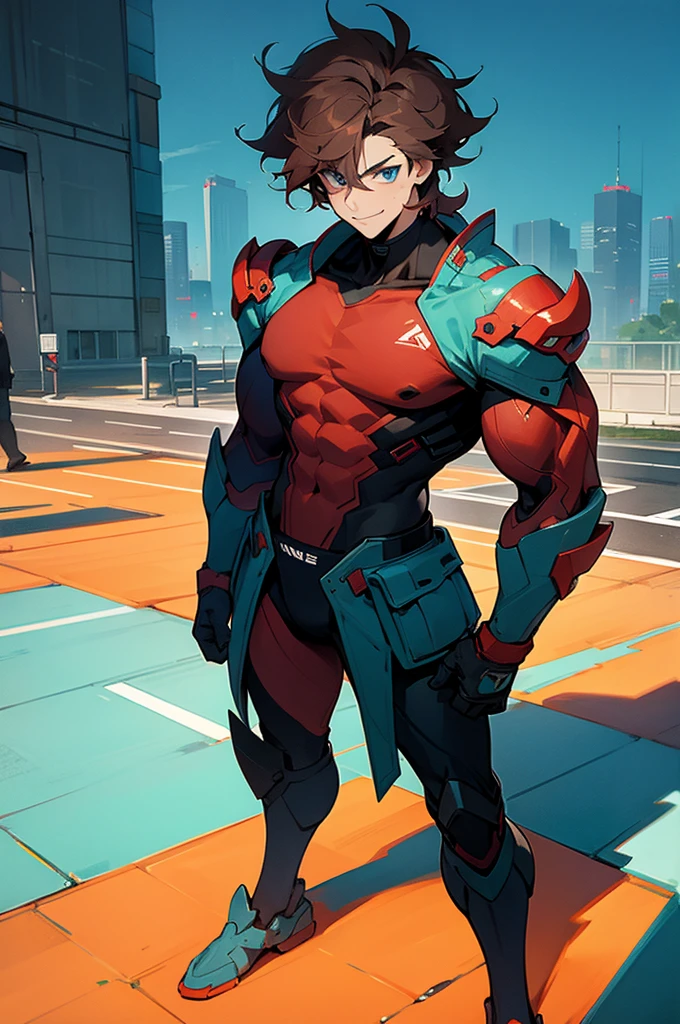 1male , red , teal blue Eyes ,   , messy hair, Standing on sidewalk , Modern city background , muscular , smiling expression