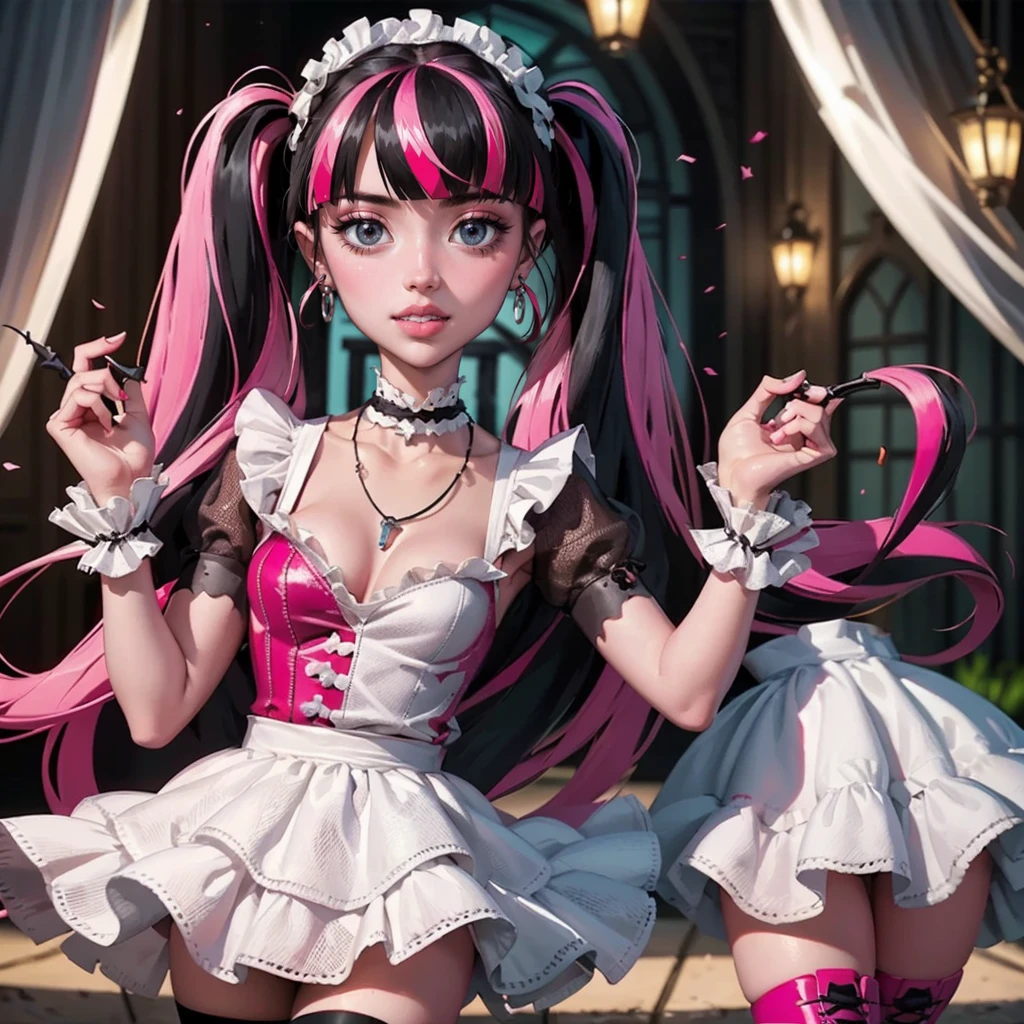 1 girl, a girl with bat wings on her back, perfectly hands, perfectly body, solo, alone, solo, only one girl, black choker, bat necklace, necklace, centered, bat jewelry, award winning upper body portrait, cowboy shot, (looking at viewer:1.2), Draculaura_MH, solo, black half hair, pink half hair, multicolored hair, long hair, ornament hair, choker, maid dress, maid clothes, maid headdress , maid apron, white apron, pink shirt, white dress, pink knee boots, smiling, kitchen scenery, cake on focus, kitchen, stand up close to window, depth of field, cinematic composition, ((high quality)), ((Work of art)), (more detail), half black hair, half soft pink hair, wave hair, smile, vampire fangs, bat wings, white dress, black dress with transparency, centered, akpink laces, black gloves, black high socks, high hills boots, bat jewelry, jewelry, seat on the grass, dark red roses on focus, Draculaura_(monster high), Monster High, looking at the viewer, more details on the clothes,