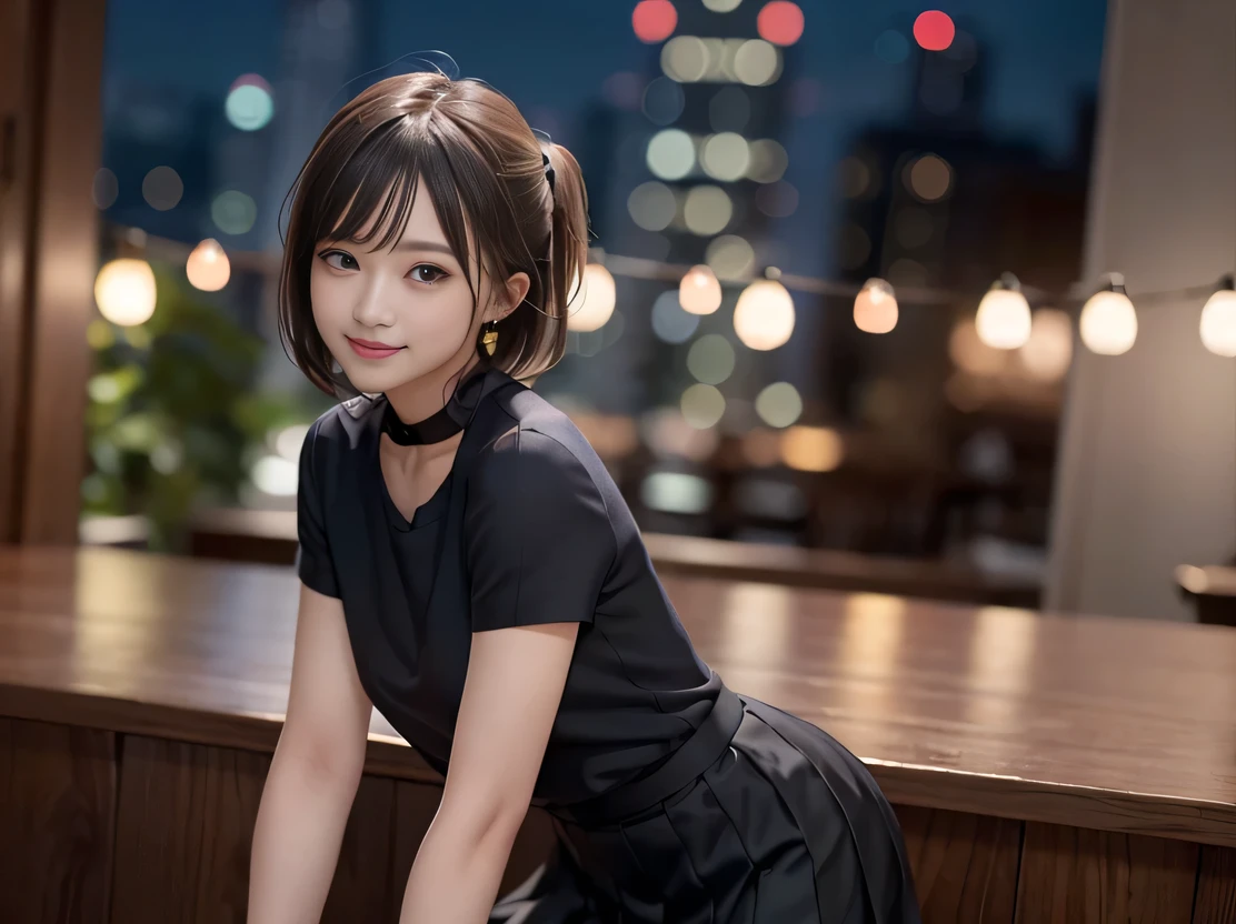 (Highest quality, masterpiece, Ultra-high resolution, 8K, RAW Photos, Realistic, Anatomically correct:1.5), 20-year-old girl:1.2, Embarrassing, avert your eyes, blush:1.0, View Viewer, ((bar)) 、Night view、 Light:1.2, Bokeh, Cinema Lighting:1.0, Depth of written boundary, sharp、 Cute face、Idol、Black short sleeve lace top、Black pleated skirt、Black clothing、”dwarf”、(Floral clothes)、Full Body Shot、Side angle、Cowboy Shot、 smile、(Ultra short hair、Short ponytail)、(Straight bangs)、((See-through))、(( One Girl))、