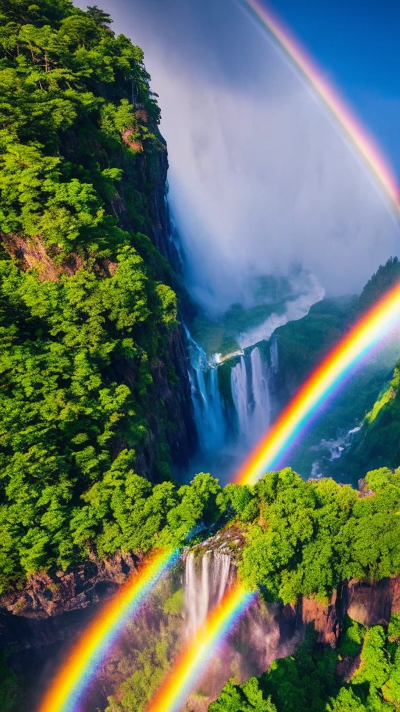 A breathtaking aerial view of a vast waterfall, with a vibrant rainbow arching across the mist. Stunning, cinematic landscape, ultra-detailed, 32K resolution, trending on artstation, octane render, unreal engine.