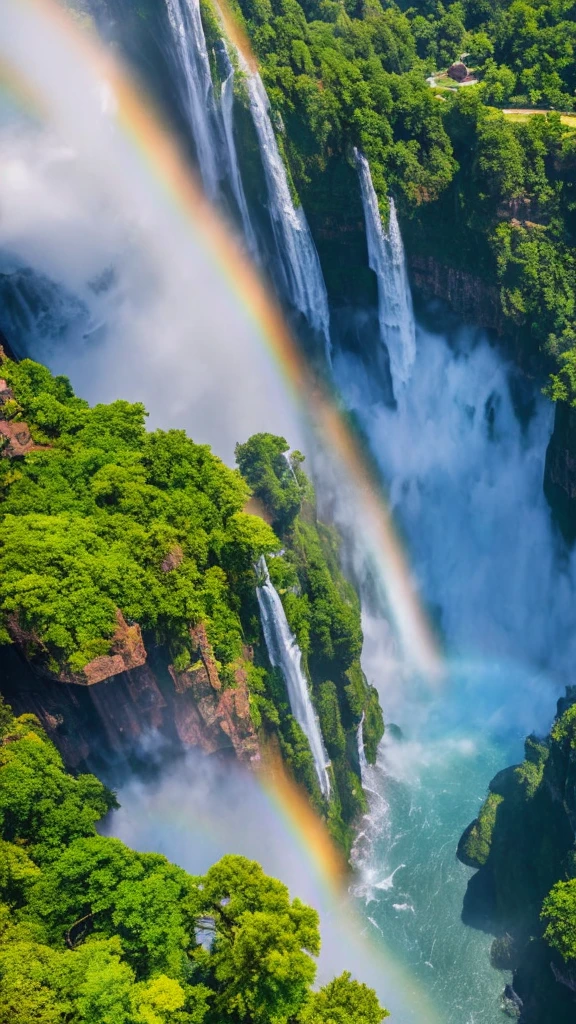 A breathtaking aerial view of a vast waterfall, with a vibrant rainbow arching across the mist. Stunning, cinematic landscape, ultra-detailed, 32K resolution, trending on artstation, octane render, unreal engine.