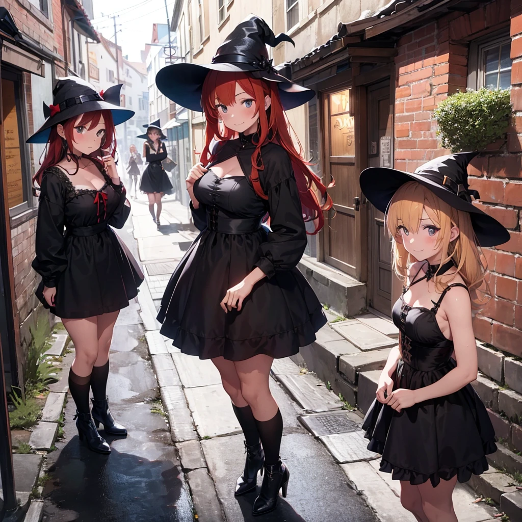 a group of witches offering services in the middle of an alley, three girls, multiple girls, sexy, short dresses , night , medieval city , fantasy girls , smile , blonde hair , red hair , snow city , witch hat m black an red hair , black dress