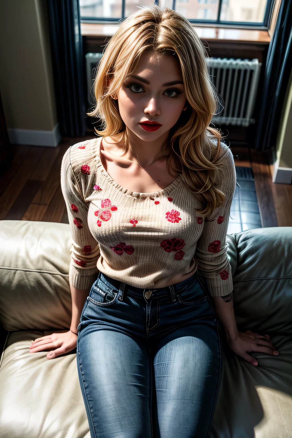 (masterpiece, photorealistic:1.4, extremely intricate:1.3, radiosity, photon mapping, dtx, 8K), intricate details, sharp focus, professional, real life, dynamic pose, BREAK (((fit teenage supermodel woman, ((body tattoos:0.4, (lounging, (white flowerprint jumper), black jeans, from above:1.1), blackout goth eyeshadow, red lipstick)), golden hour, ((long wavy [blonde hair:bright orange hair:0.6], [flat chest:medium breasts:0.8]), indoors, couch), pouting, freckles: 0.7)))