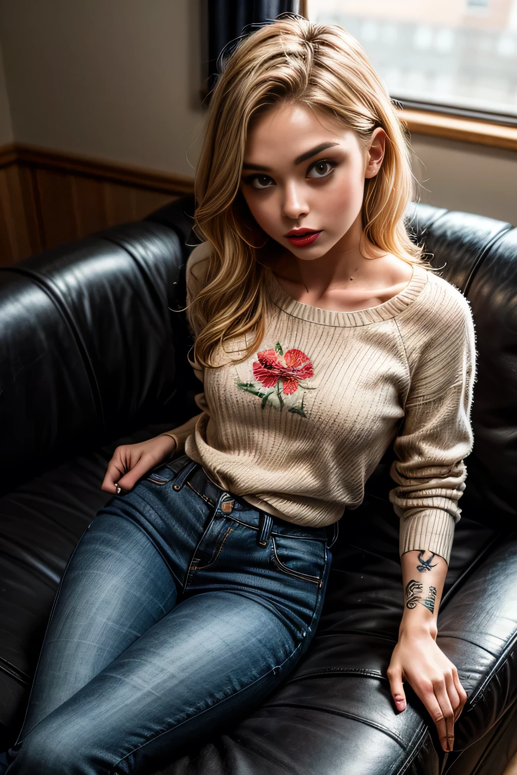 (masterpiece, photorealistic:1.4, extremely intricate:1.3, radiosity, photon mapping, dtx, 8K), intricate details, sharp focus, professional, real life, dynamic pose, BREAK (((fit age supermodel woman, ((body tattoos:0.4, (lounging, (white flowerprint jumper), black jeans, from above:1.1), blackout goth eyeshadow, red lipstick)), golden hour, ((long wavy [blonde hair:bright orange hair:0.6], [flat chest:medium breasts:0.8]), indoors, couch), pouting, freckles: 0.7)))