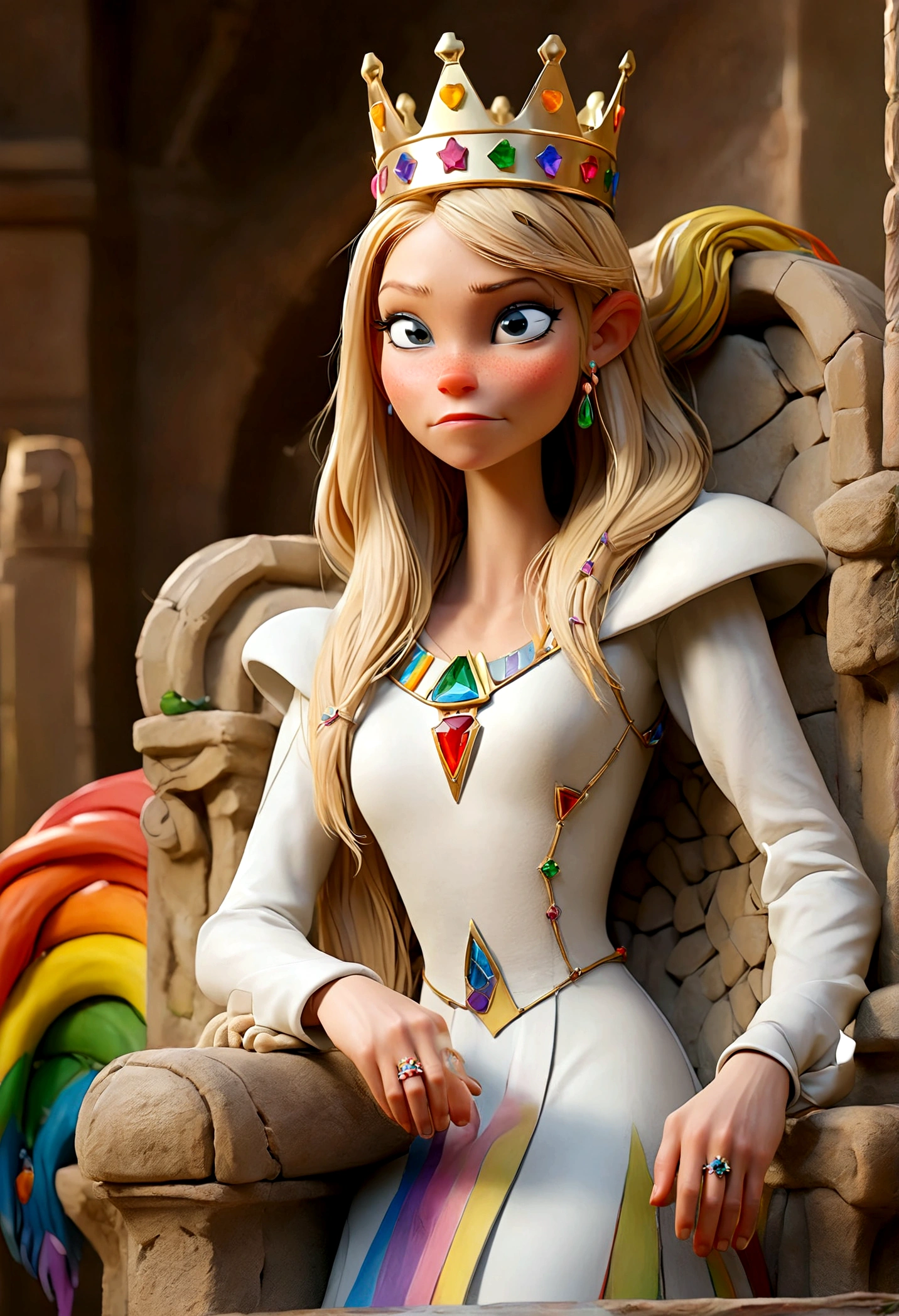 Queen of Homosexuals (Gwyneth Paltrow, age 25, Intricate regal dress rainbow theme, rainbow hair, rainbow crown, rainbow jewelry) sitting on her throne, rainbows and kissing men painted on wall