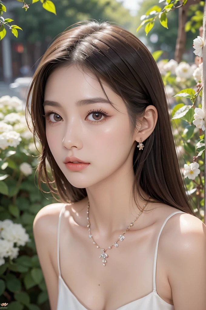 Beautiful girl, Hair that falls over the shoulders, Clear Eyes, Smooth Hair, Exquisite and perfect features, The most beautiful big eyes, Long eyelashes, The gentle eyes of a lying silkworm, Pouting, Dynamic Angle, Ultimate image quality, Highest precision, Accurate and perfect human body, necklace, bust, close, Outdoor, The background is flowers and plants, Long Shot,