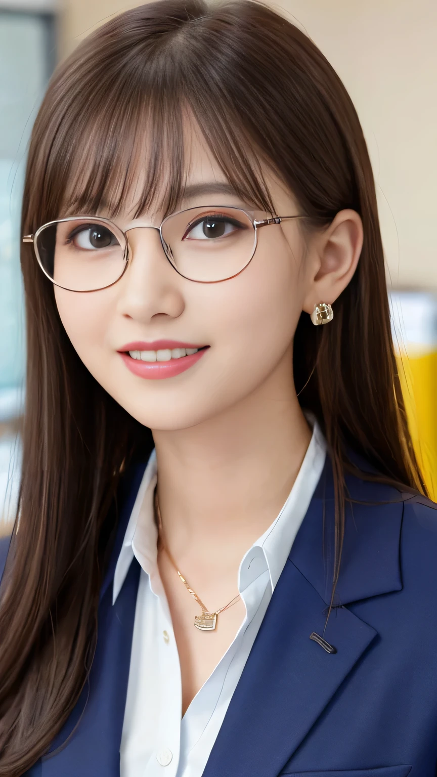 Highest quality:1.2), RAW Photos, High resolution, Very detailed, Intricate details, 、ear piercing、smile、Emphasis on teeth、Brown Hair、 Glasses、(Front view, ), Clear beauty,  , (High quality fabric, Office Lady Suit 、Jacket、Unbuttoned shirt、 Necklace around the neck、The background is the office、Dark eyeliner
