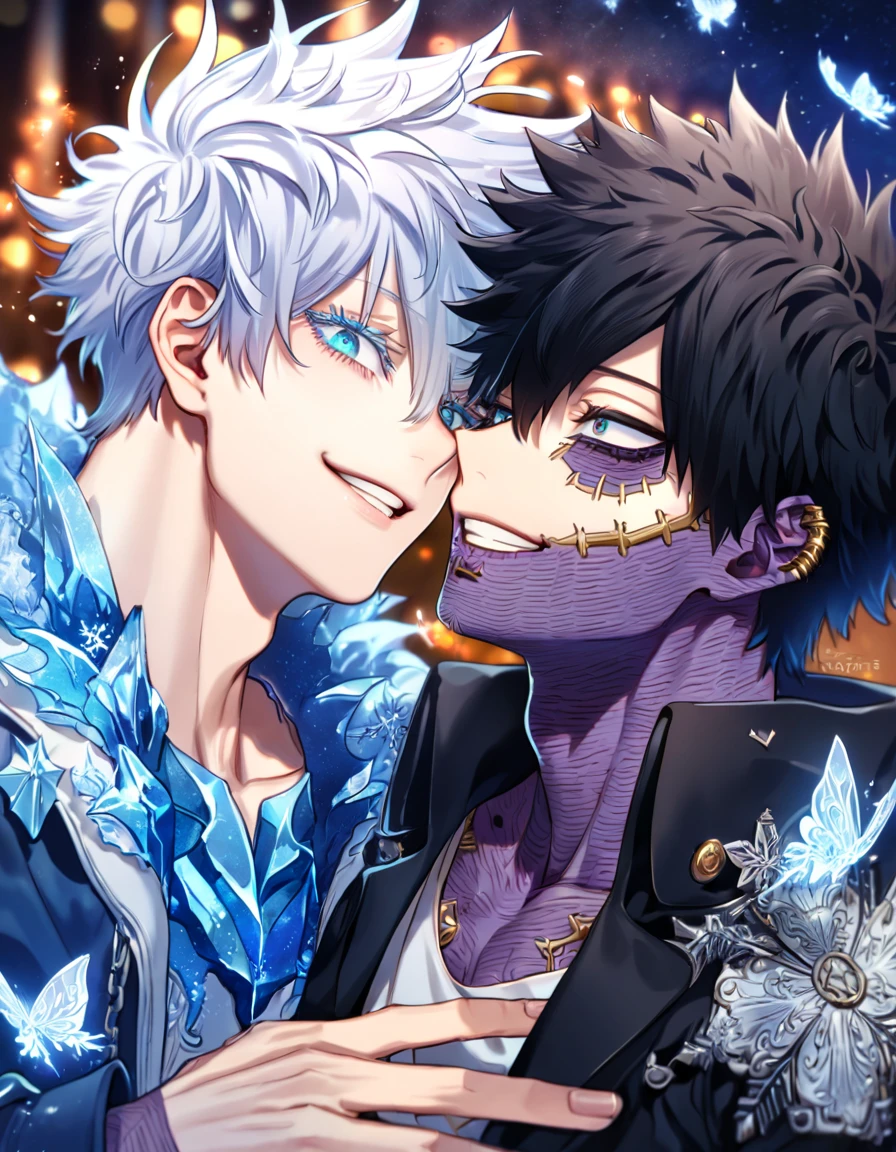 absurdres, highres, ultra detailed, HDR, master piece, best quality, extremely detailed face, delicated features, Dabi, black hair, expressive turquoise eyes, Boku No Hero Academia, Gojou Satoru, white hair, expressive blue eyes, white eyelashes, two sexy men together, yaoi, gay couple, handsome, smiling, black vest, black leather jacket, rockers, black rocker clothes, black collar, showing the chest, toned, patterns, stage, lights, petals, fantasy, magical