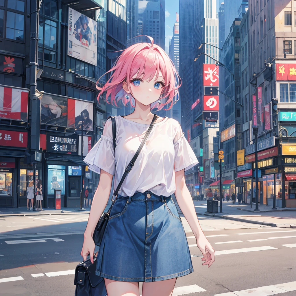 8K high quality,1 pretty girl,Short sleeve,Denim skirt,Shoulder bag,The background is the city at noon.,