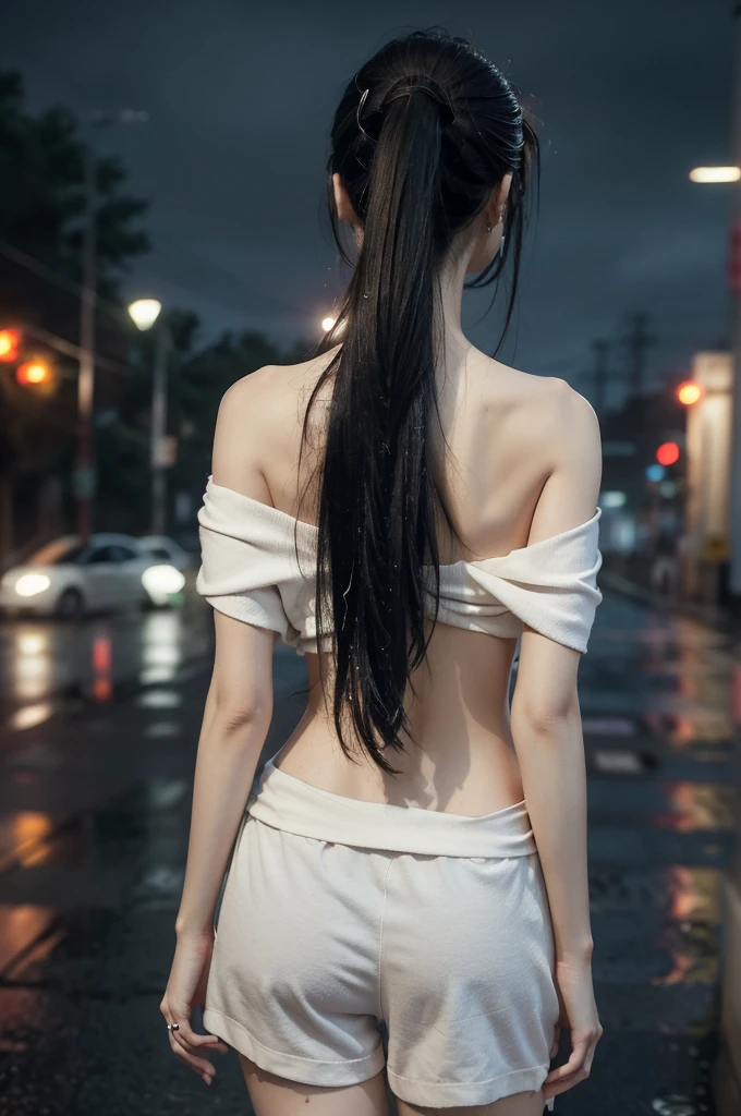 (((best quality))),(((ultra detailed))),(((masterpiece))),illustration,1girl, young,solo, slim,thin,short ponytail,((bare back,towering hips,butt crack)),((shoulder off,bare shoulder)),white collared shirt,shorts,standing,rainy night, heavy rain, drenched clothes, melancholy expression, solitude, tear rolling down cheek, wet hair, empty streets, dimly lit, deserted environment, sound of rain, footsteps, symbol of hope, abandoned, resilience, determination, walking in rain, heartbreak, loss, love fading, loneliness, body language, facial expression, dreary atmosphere, rain-soaked streets, somber mood, viewer engagement,((upper body,from back)),urban scape