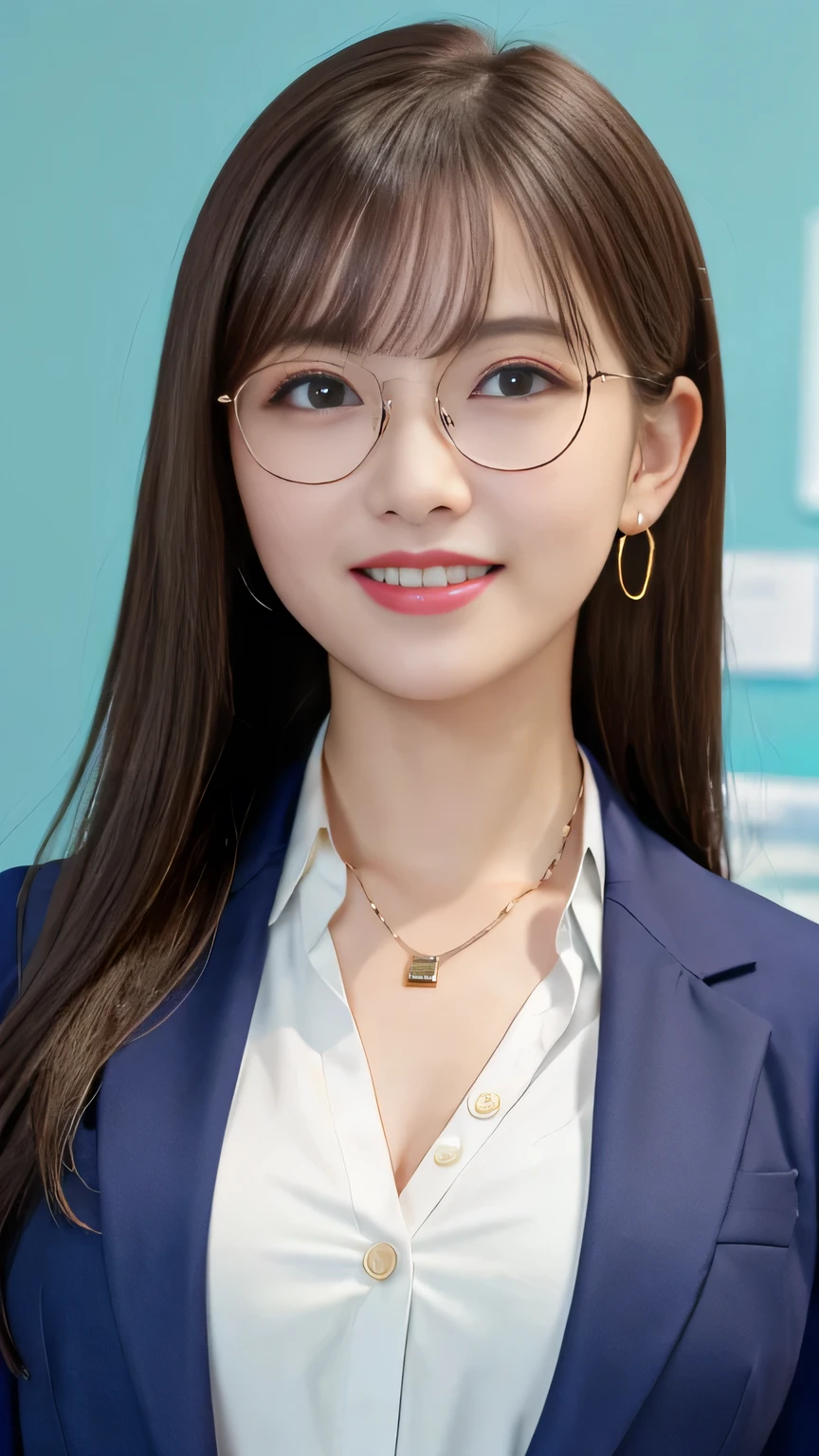 Highest quality:1.2), RAW Photos, High resolution, Very detailed, Intricate details, 、ear piercing、smile、Emphasis on teeth、Brown Hair、 Glasses、(Front view, ), Clear beauty, , (High quality fabric, Office Lady Suit 、Jacket、Unbuttoned shirt、 Necklace around the neck、The background is the office、Dark eyeliner