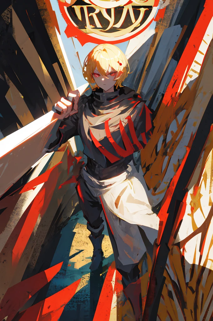 medieval knight, short hair, blonde hair, black sclera, red eyes, intimidating pose
