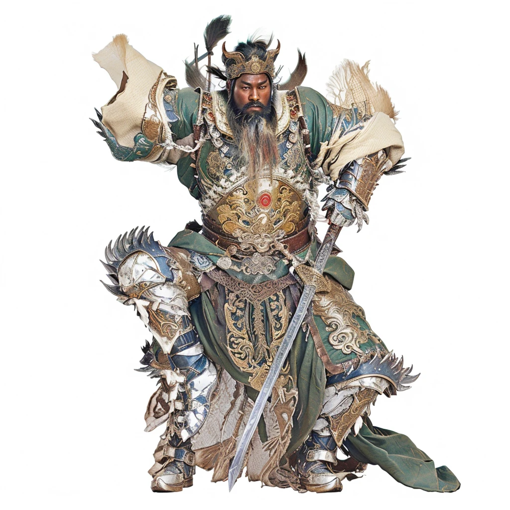a fierce dark skin chinese warrior, wearing armour, holding a sword, stepping on a goblin, wild beard