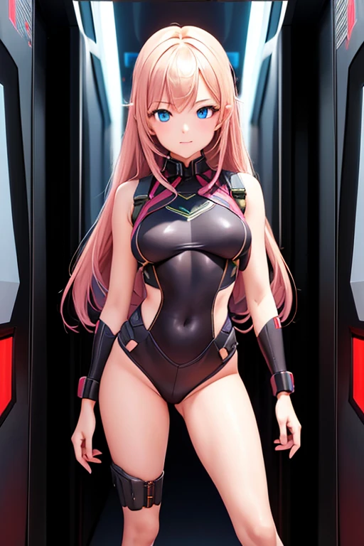 age girl, Linda, wearing combat suit (fully body) provocative bodysuit), breastsout, defined body, anatomical correct, long hair, high-tech, in a spaceship corridor, best qualityer, 3d, anime styling
