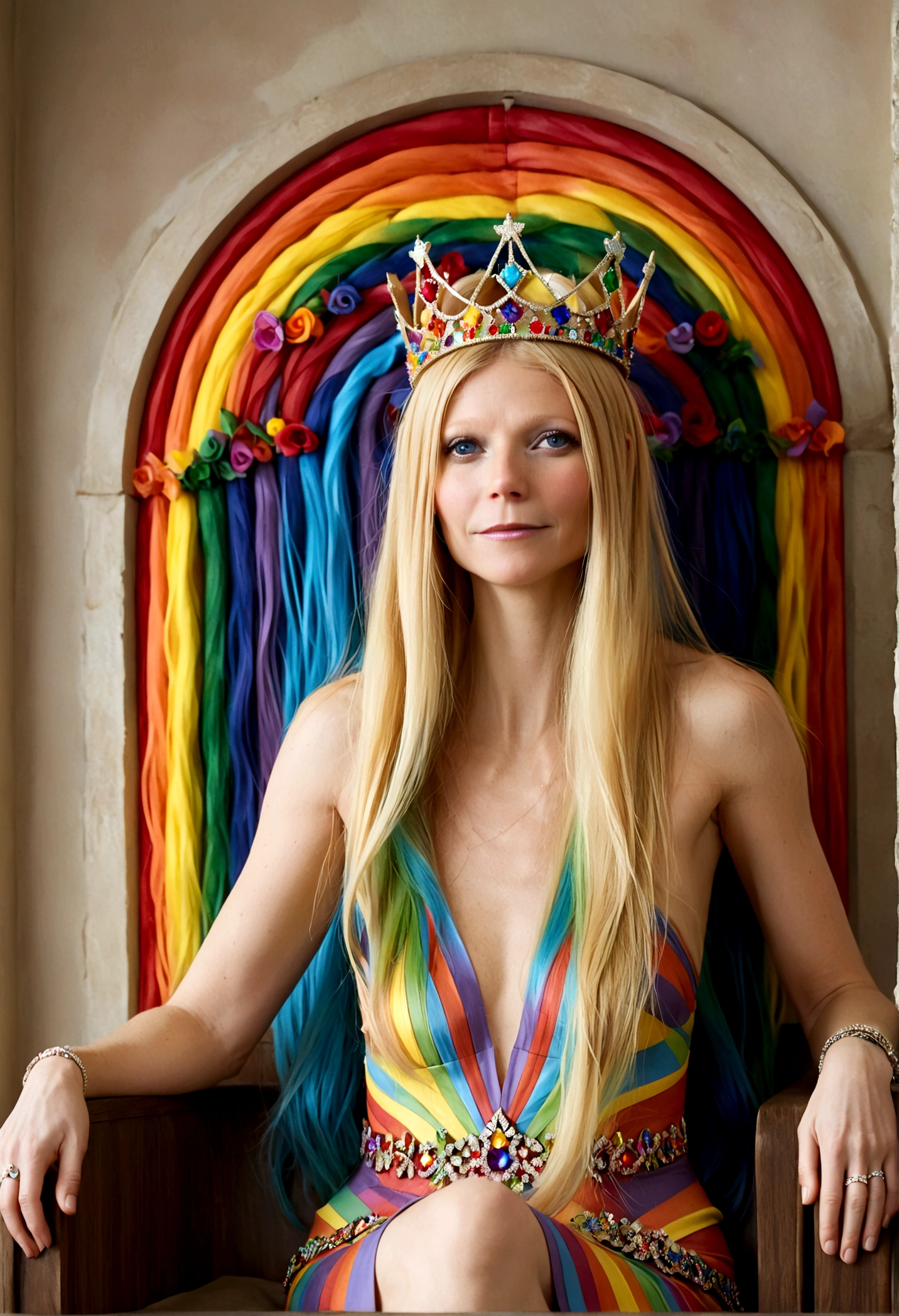 Queen of Homosexuals (Gwyneth Paltrow, age 25, Intricate regal dress rainbow theme, rainbow hair, rainbow crown, rainbow jewelry) sitting on her throne, rainbows and kissing men painted on wall