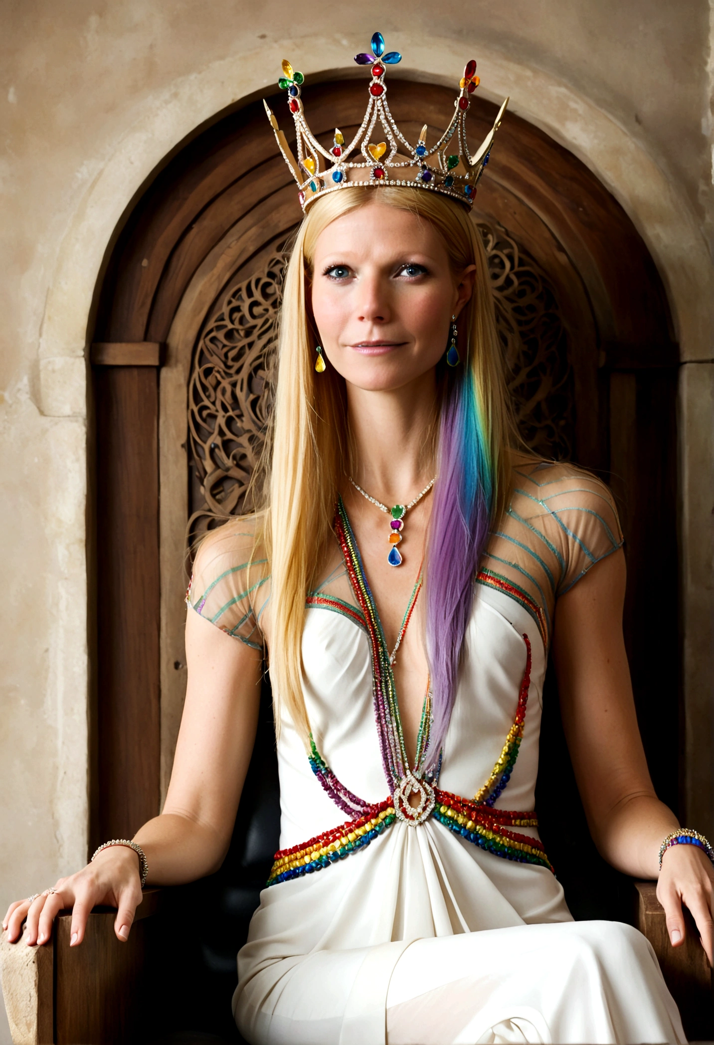 Queen of Homosexuals (Gwyneth Paltrow, age 25, Intricate regal dress rainbow theme, rainbow hair, rainbow crown, rainbow jewelry) sitting on her throne, rainbows and kissing men painted on wall
