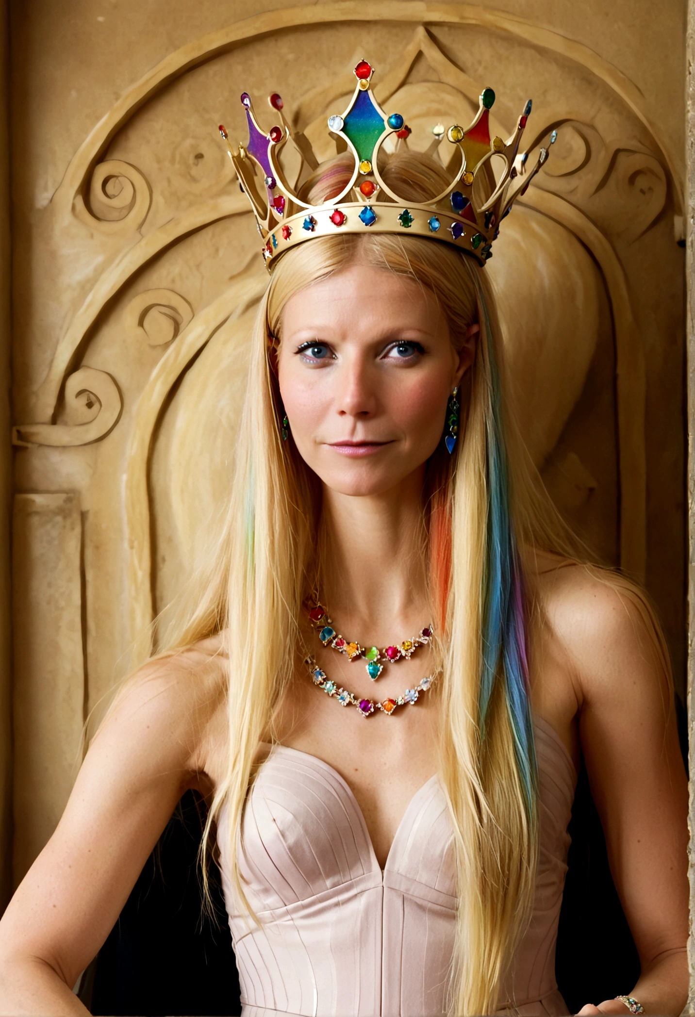 Queen of Homosexuals (Gwyneth Paltrow, age 25, Intricate regal dress rainbow theme, rainbow hair, rainbow crown, rainbow jewelry) sitting on her throne, rainbows and kissing men painted on wall
