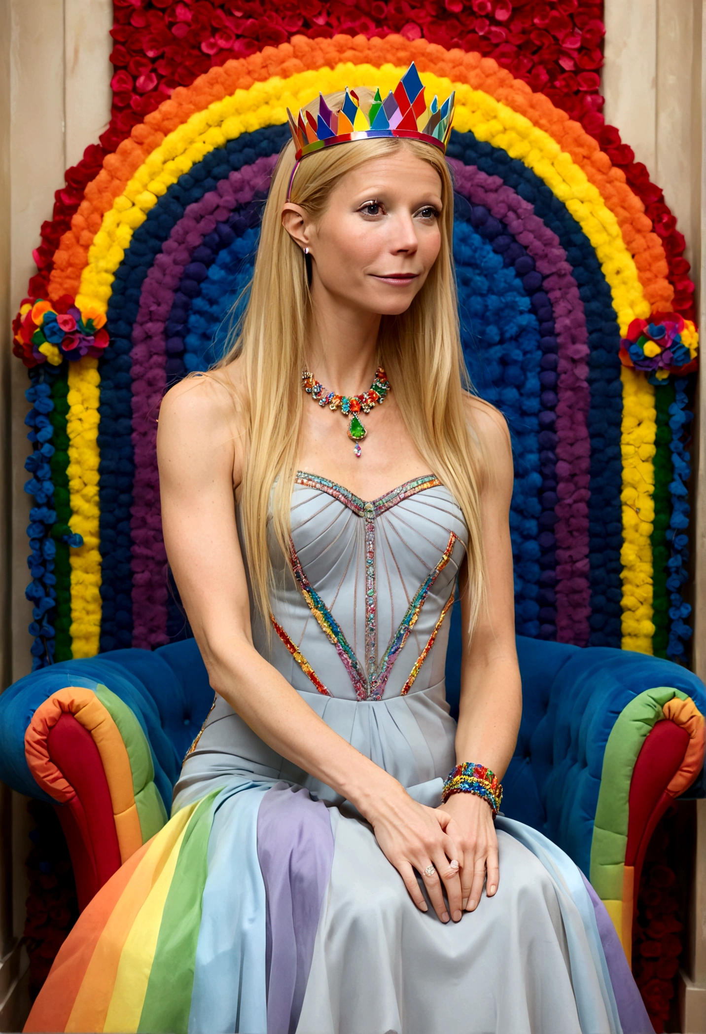Queen of Homosexuals (Gwyneth Paltrow, age 25, Intricate regal dress rainbow theme, rainbow hair, rainbow crown, rainbow jewelry) sitting on her throne, rainbows and kissing men painted on wall