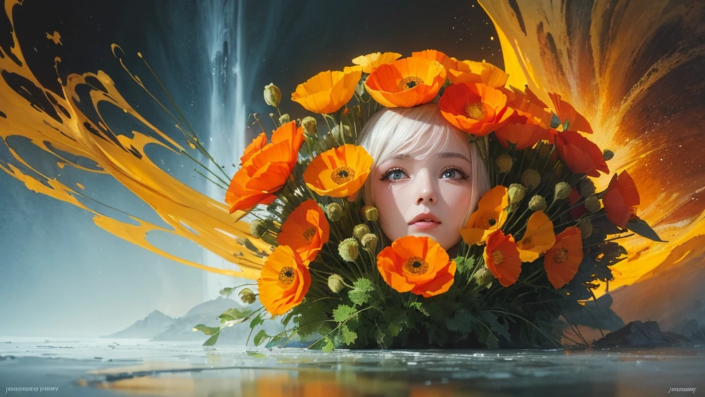 32k, Masterpiece, Highest quality, One girl, Detailed eyes, flower,Iceland Poppy, Orange and yellow style,A dreamy, romantic piece,Pale yellow, Mysterious Leaves,A playful arrangement,Fantasy,High Contrast,Ink strokes,explosion,Exposure, Impression of orange and yellow tones,Abstract,((Watercolours by John Berkey and Jeremy Mann )) Brush strokes,Negative Space, Tyndall effect,